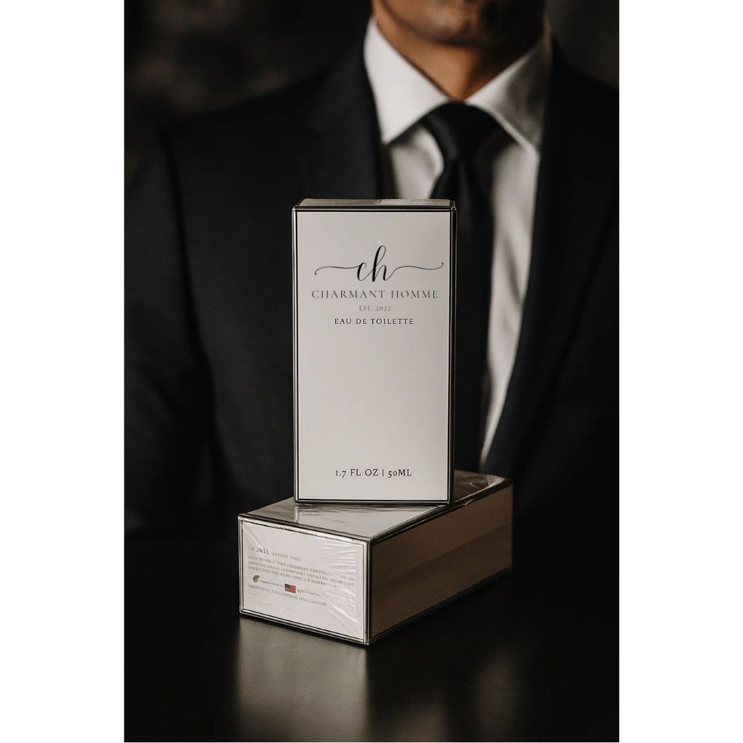 Charmant Homme Pheromone Cologne Box in front of a mana with a tuxedo on